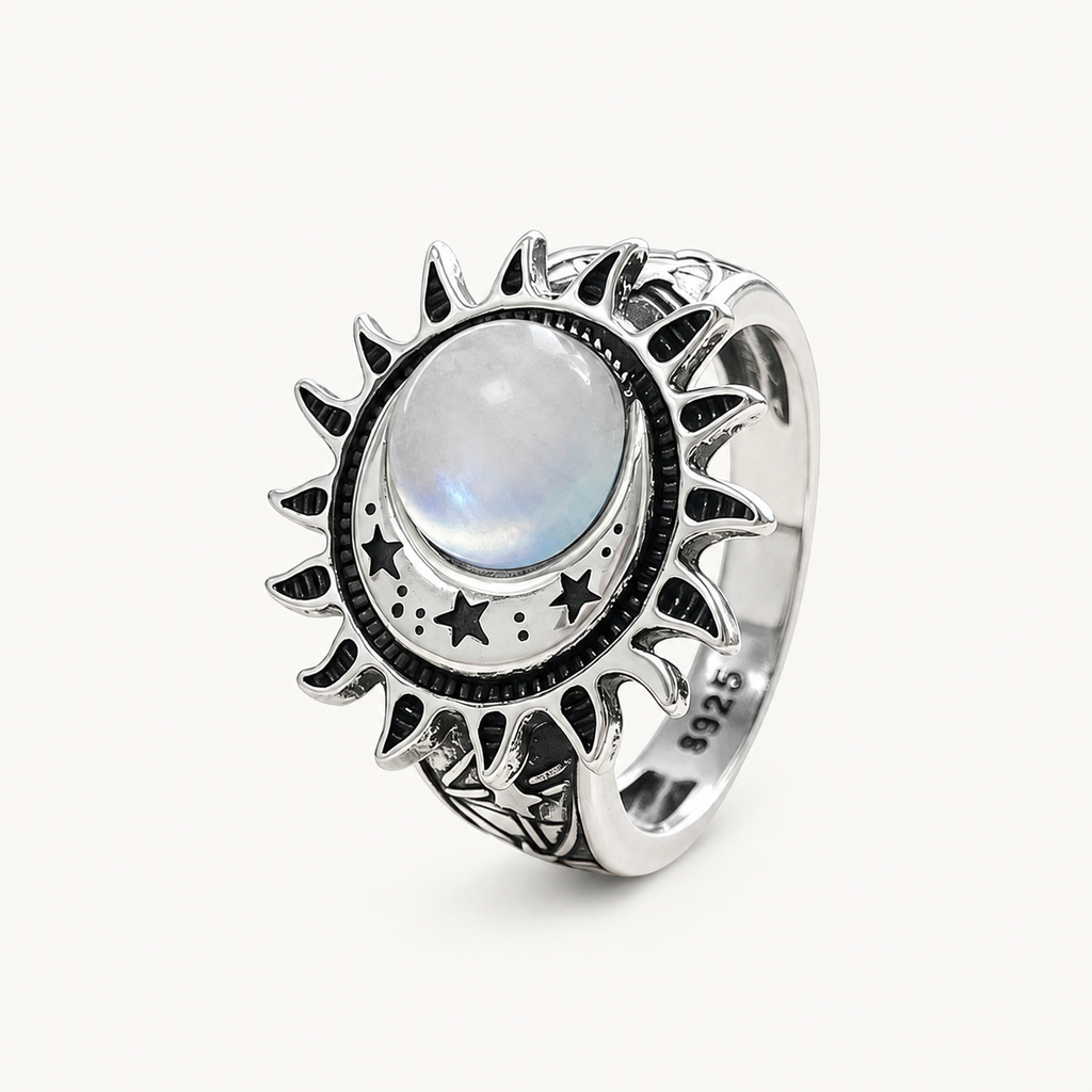 Mondstein Ring mit Sonne und Sternen