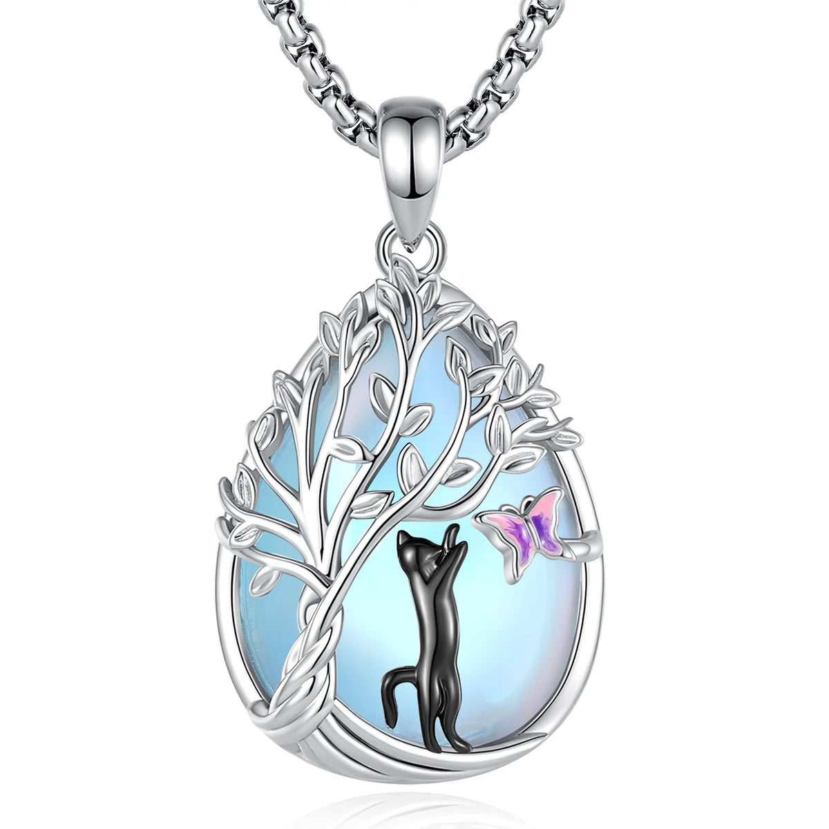 Mondstein Kette aus 925er Silber mit Katze, Baum und Schmetterling
