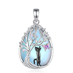 Mondstein Kette aus 925er Silber mit Katze, Baum und Schmetterling
