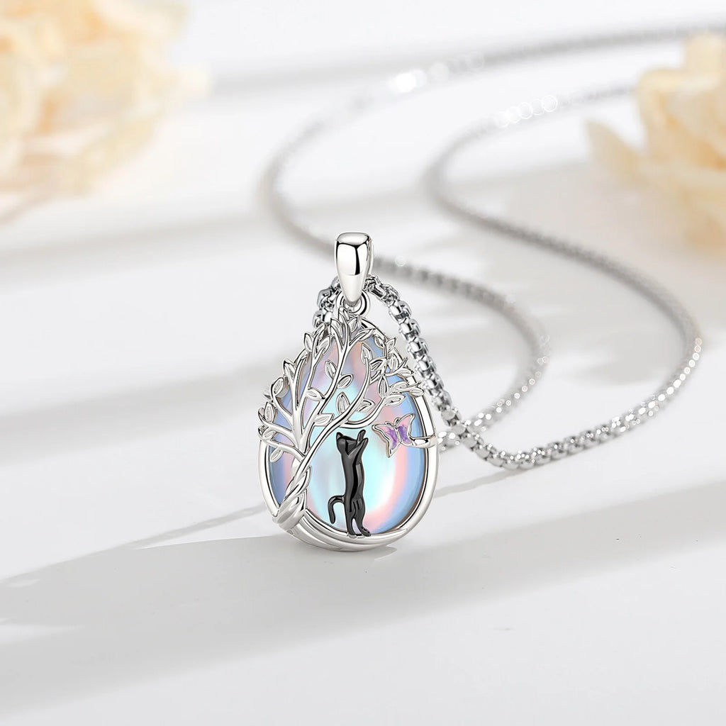 Mondstein Kette aus 925er Silber mit Katze, Baum und Schmetterling