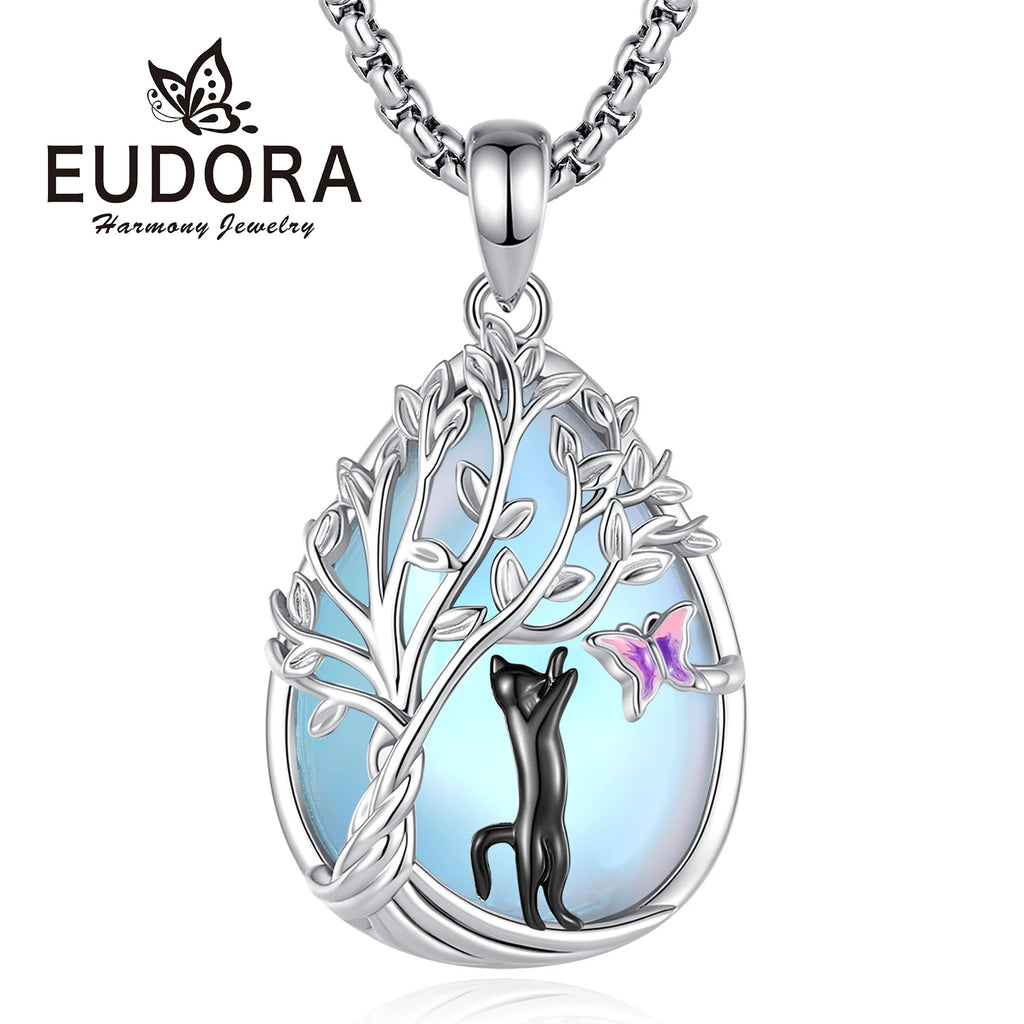 Mondstein Kette aus 925er Silber mit Katze, Baum und Schmetterling