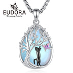 Mondstein Kette aus 925er Silber mit Katze, Baum und Schmetterling