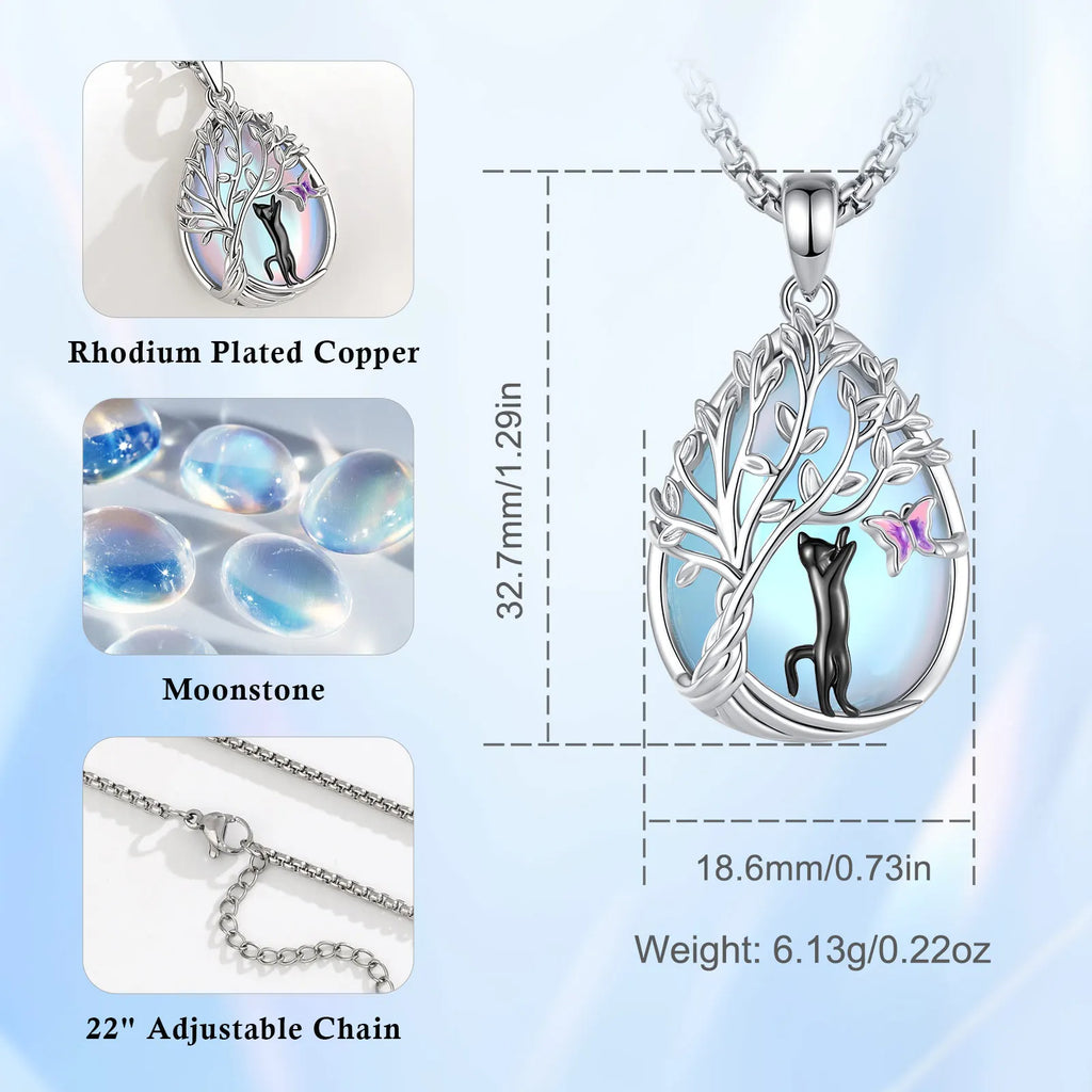 Mondstein Kette aus 925er Silber mit Katze, Baum und Schmetterling