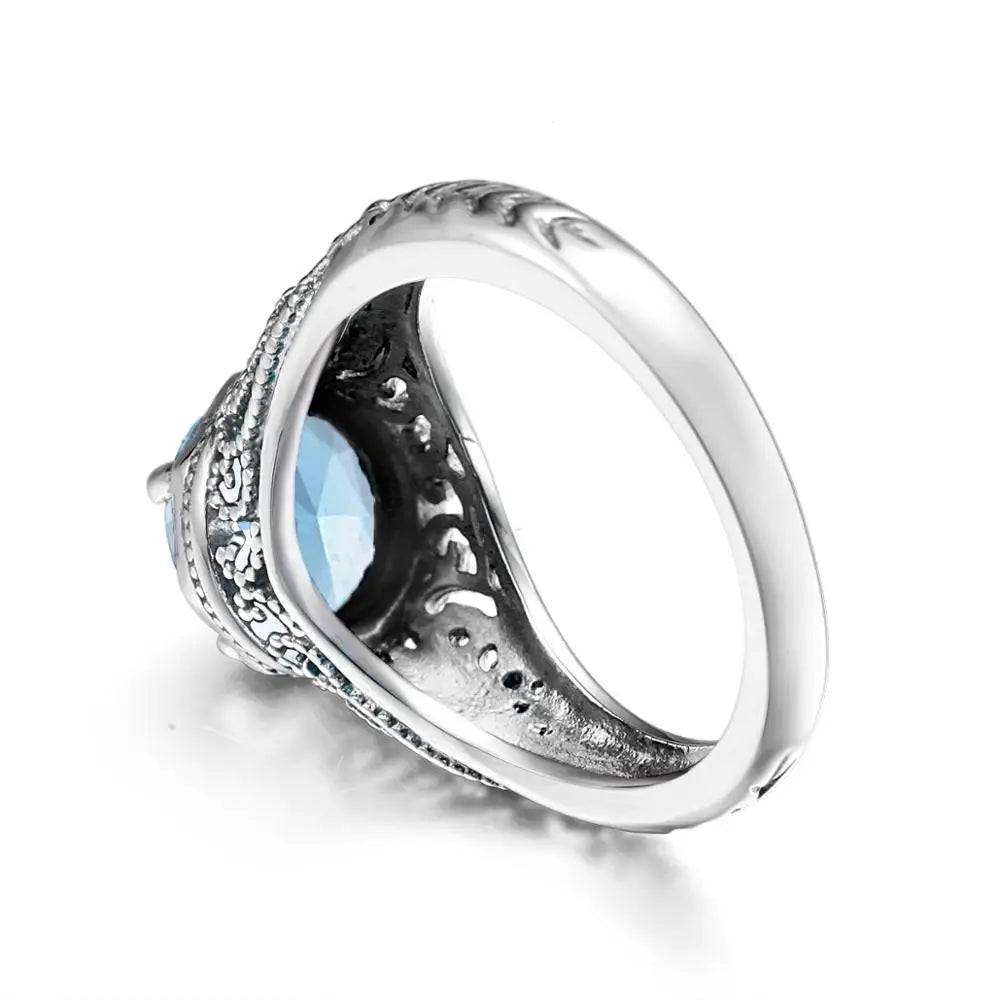 Aquamarin Ring Jugendstil aus 925er Silber mit rundem Stein und floralen Ornamenten
