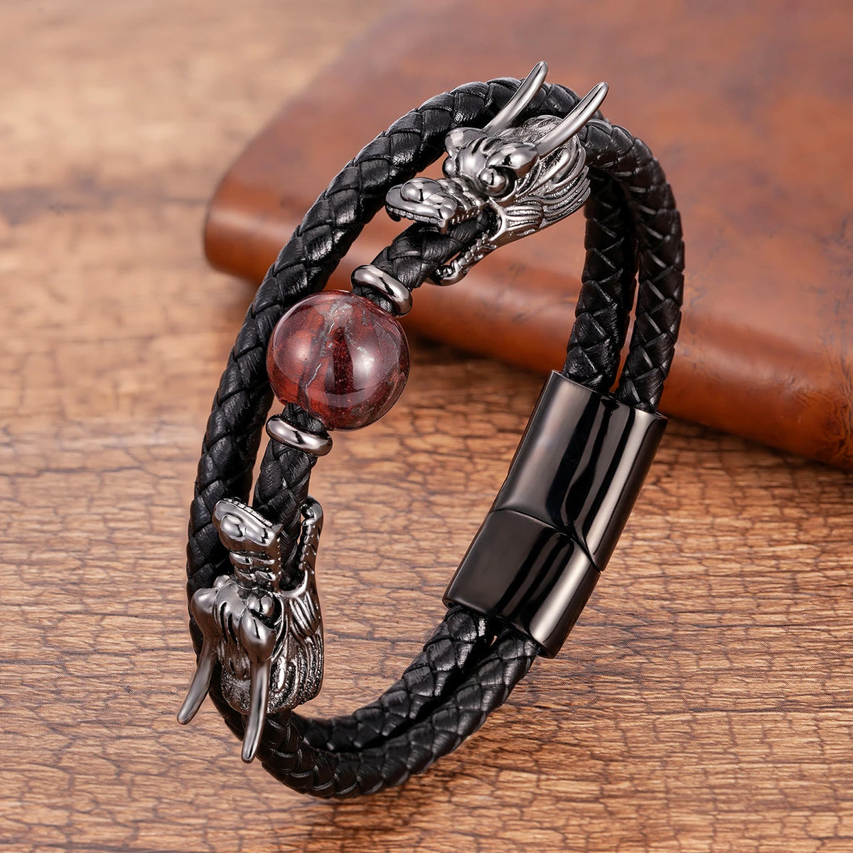 Tigerauge Lederarmband mit Drachenkopf