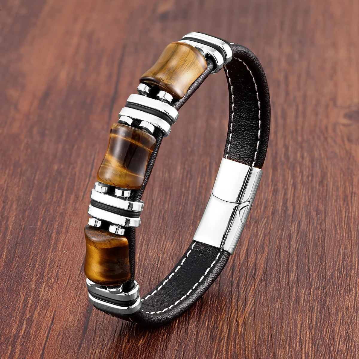 Tigerauge Lederarmband mit drei Rechtecksteinen
