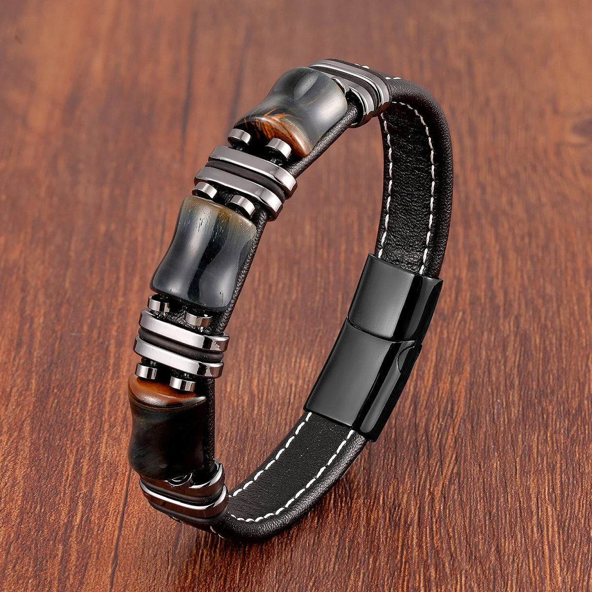 Tigerauge Lederarmband mit drei Rechtecksteinen