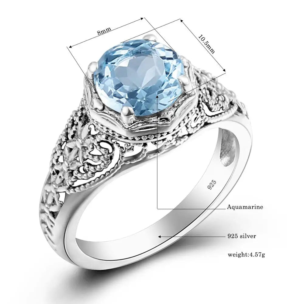 Aquamarin Ring Jugendstil aus 925er Silber mit rundem Stein und floralen Ornamenten