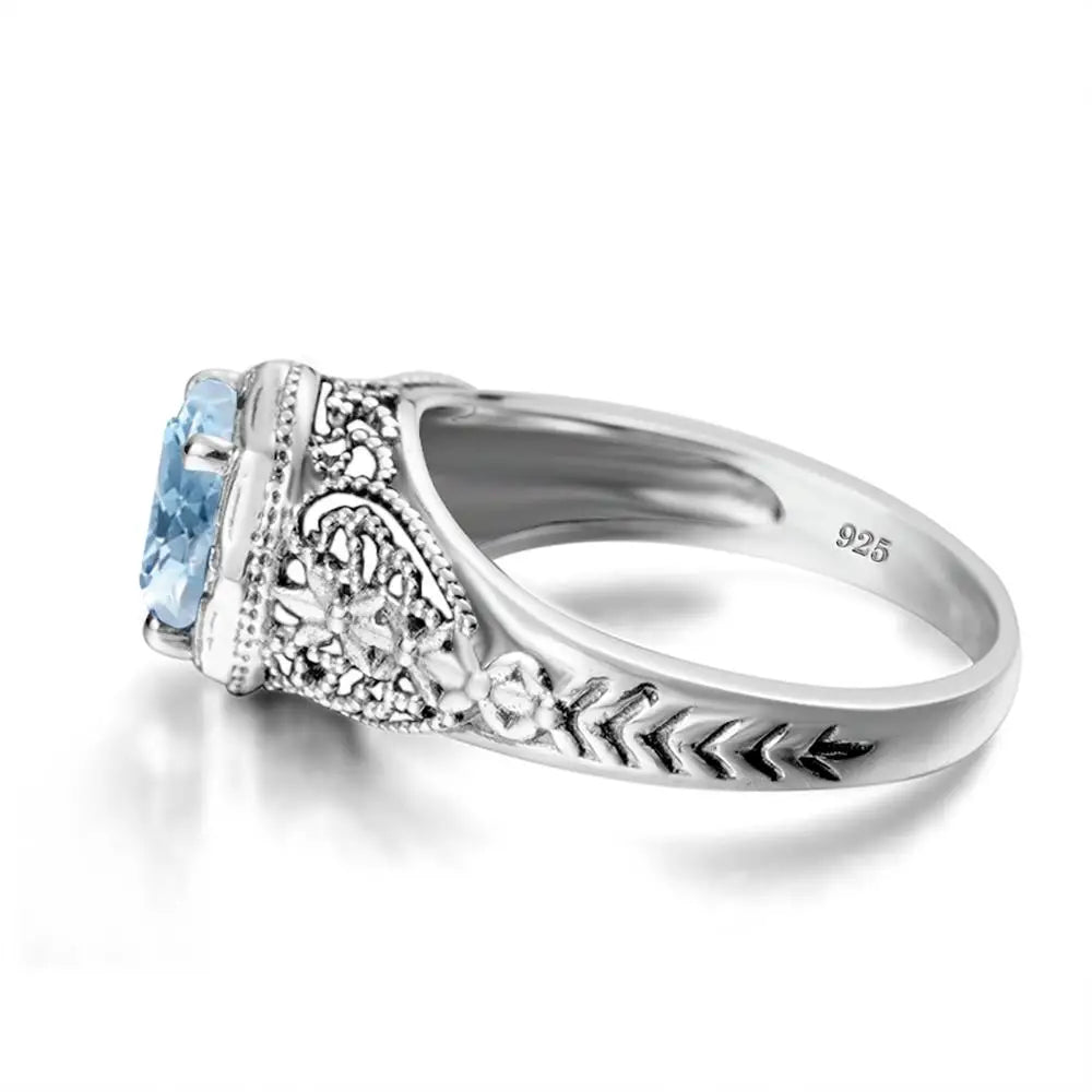 Aquamarin Ring Jugendstil aus 925er Silber mit rundem Stein und floralen Ornamenten