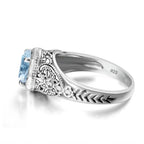 Aquamarin Ring Jugendstil aus 925er Silber mit rundem Stein und floralen Ornamenten