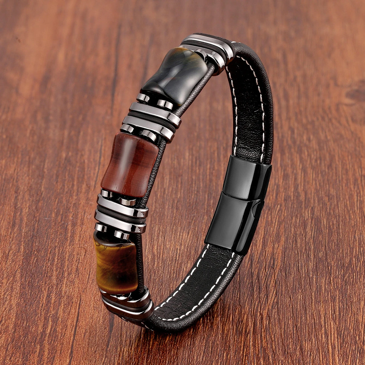 Tigerauge Lederarmband mit drei Rechtecksteinen