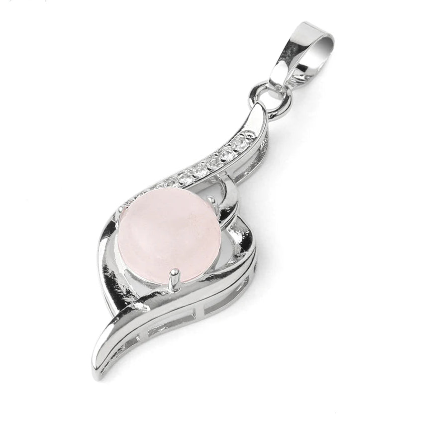 Rosenquarz Kette mit rundem Stein und Blätterornament