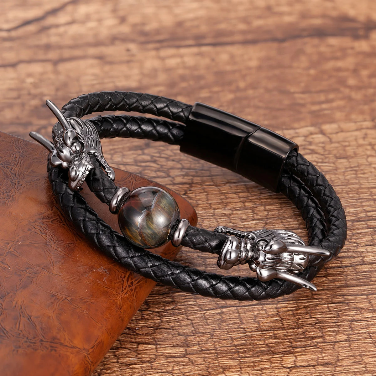 Tigerauge Lederarmband mit Drachenkopf