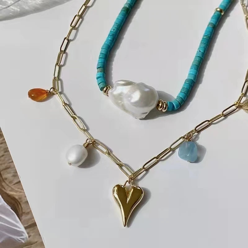 Aquamarin Halskette mit Naturperlen und Edelsteinperlen