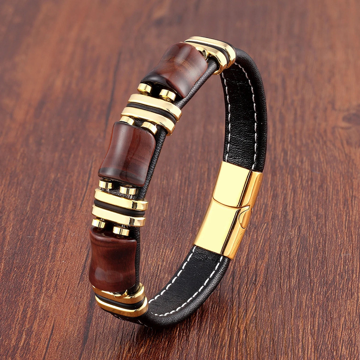 Tigerauge Lederarmband mit drei Rechtecksteinen