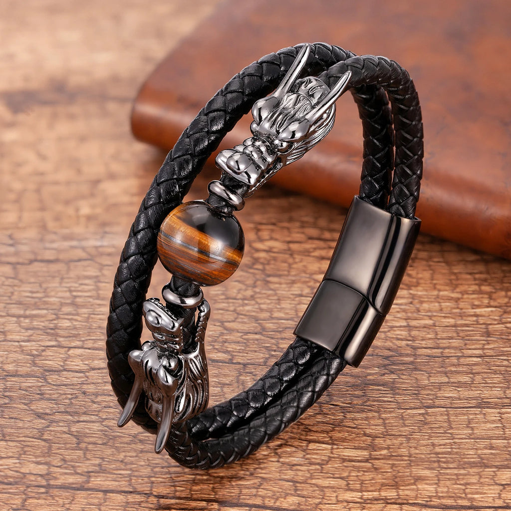 Tigerauge Lederarmband mit Drachenkopf