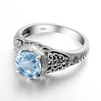 Aquamarin Ring Jugendstil aus 925er Silber mit rundem Stein und floralen Ornamenten