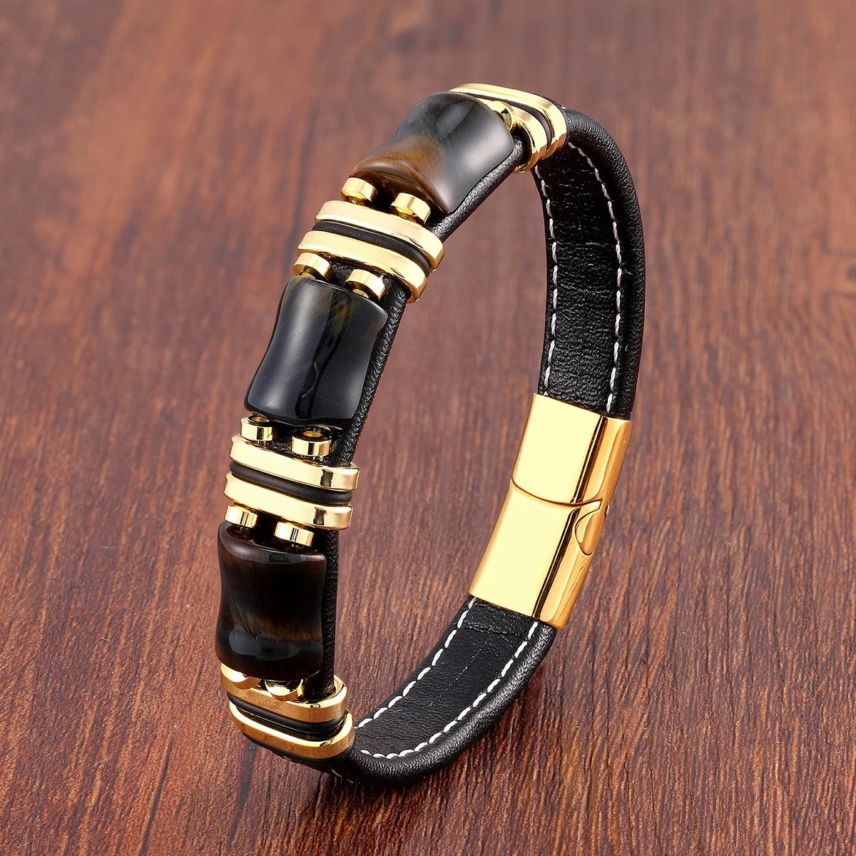 Tigerauge Lederarmband mit drei Rechtecksteinen