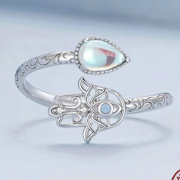 Offener Mondstein Ring aus 925er Silber mit Hamsa-Motiv