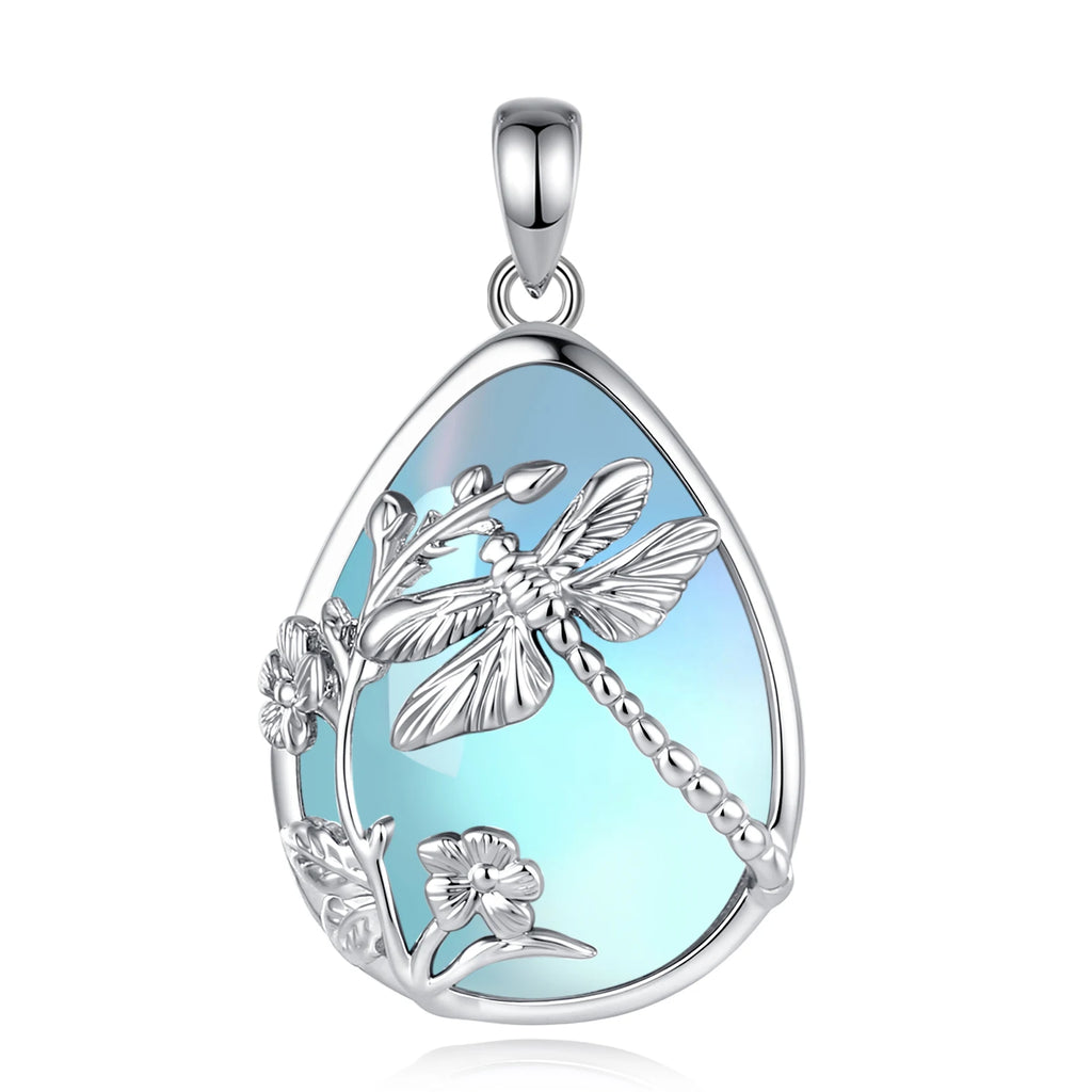 Mondstein Kette aus 925er Silber mit Libellen- und Blumenmotiv