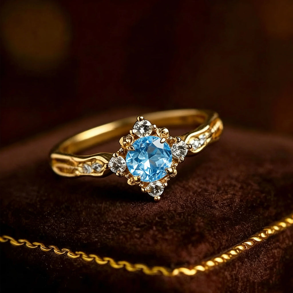 Goldfarbener Aquamarin-Look Ring mit rundem Stein und Seitensteinen
