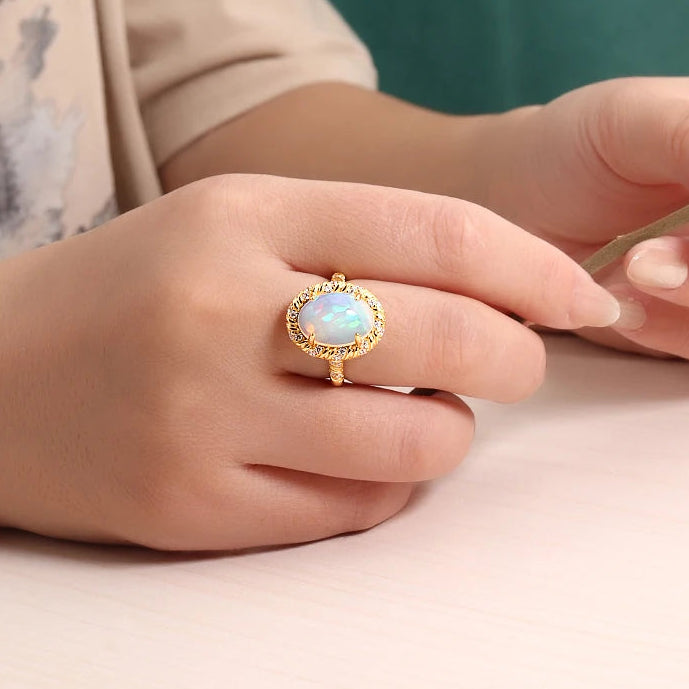 Opal Ring aus 925er Silber und Gold mit großem ovalem Stein