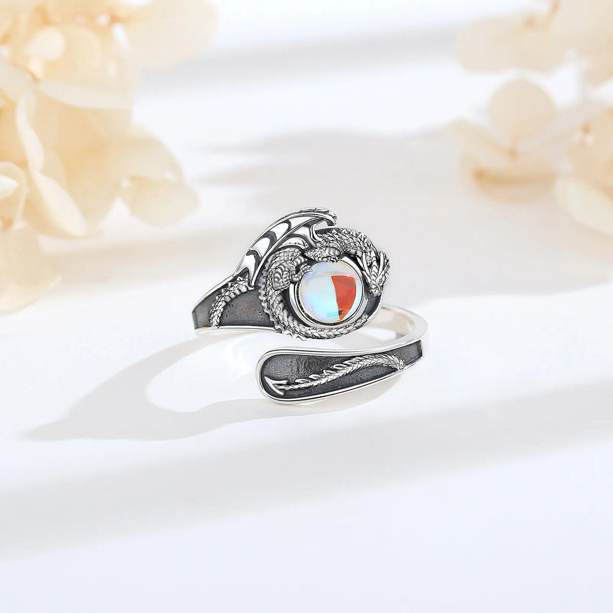 Echter Mondstein Ring aus 925er Silber mit Drachenmotiv