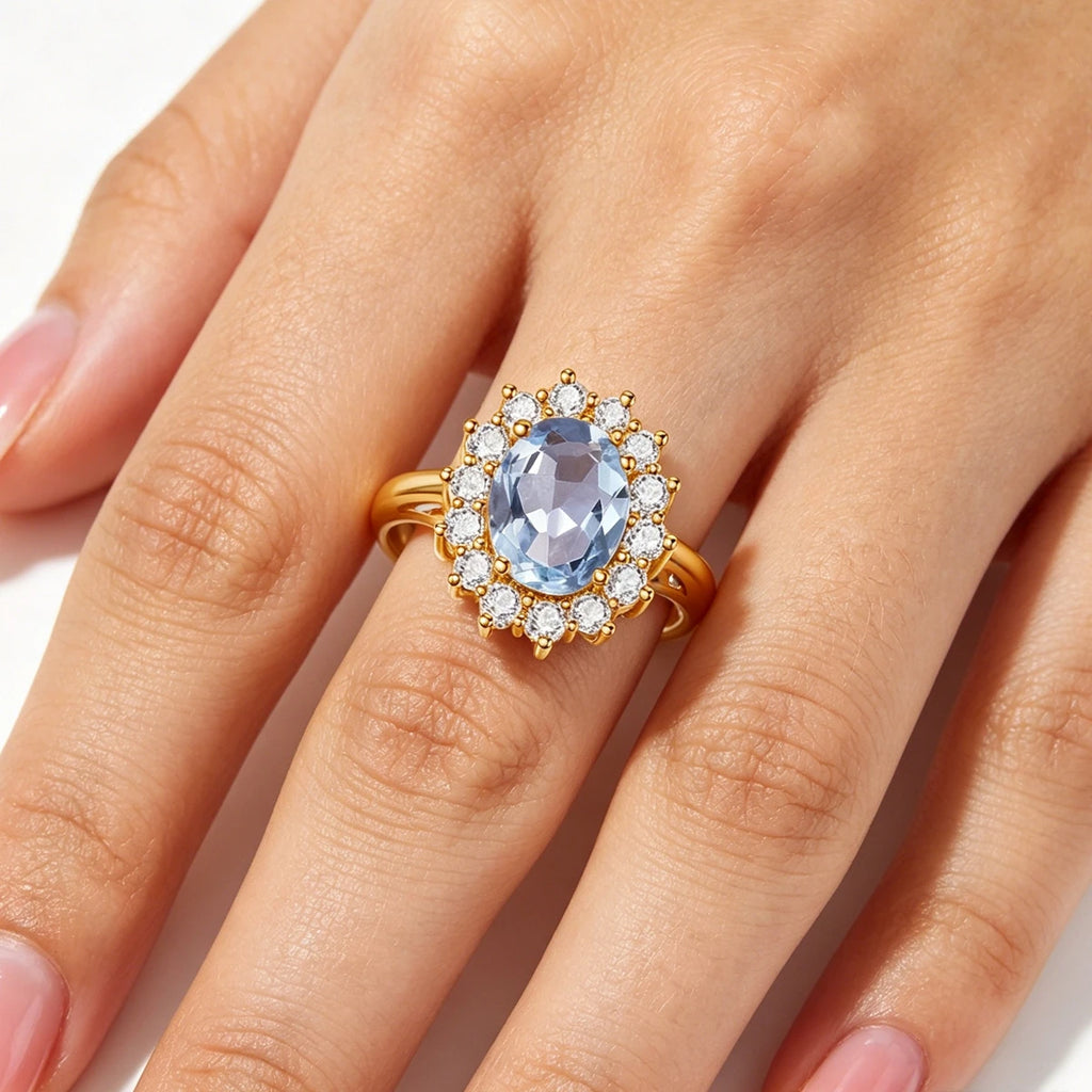 Aquamarin Ring aus 925er Silber in Goldoptik mit rundem Stein