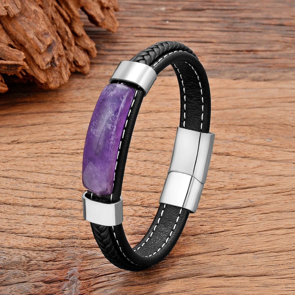 Amethyst Lederarmband mit Ziernaht