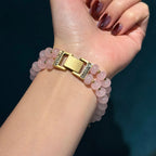 Doppelreihiges Rosenquarz-Perlenarmband mit Katzenmotiv