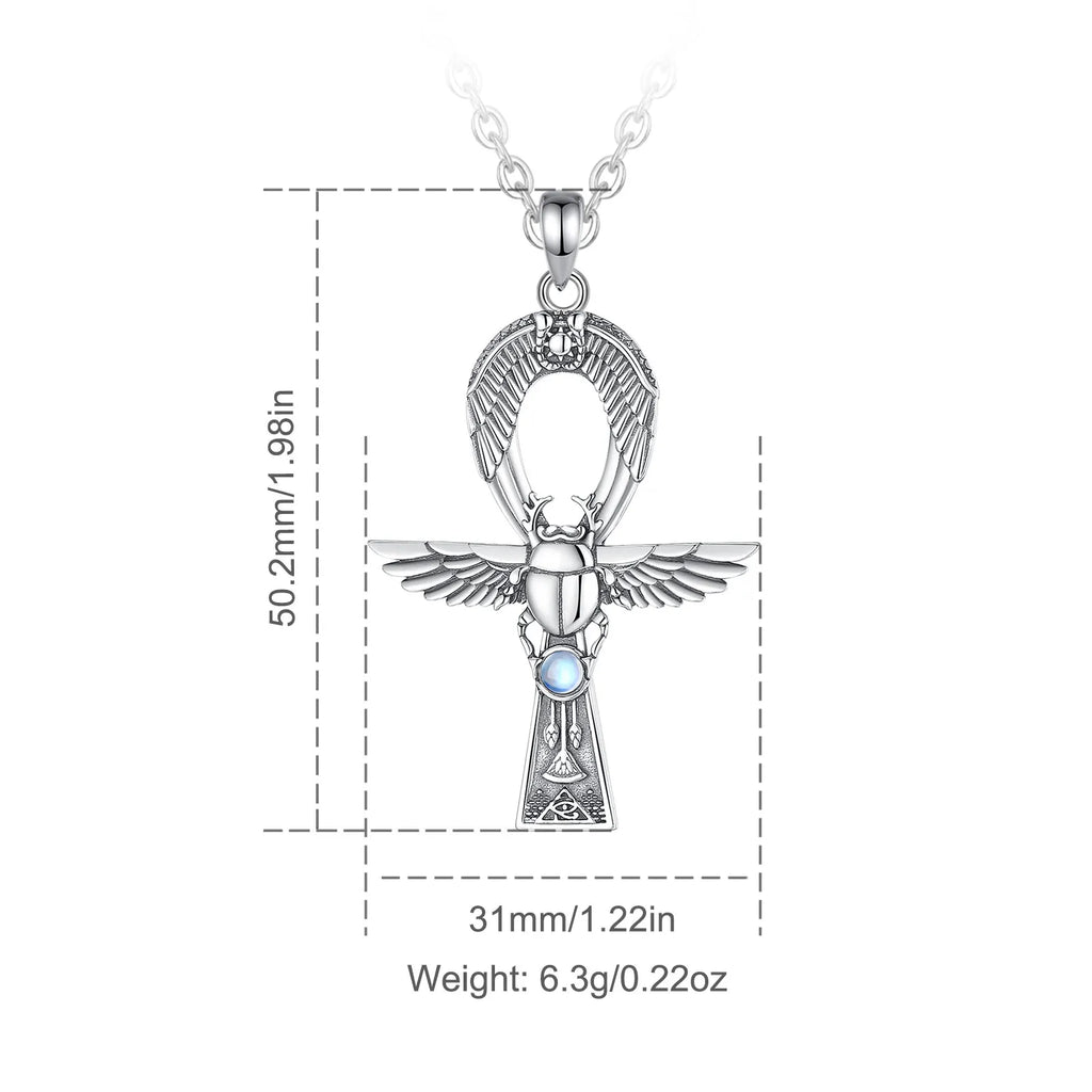 Mondstein Kette aus 925er Silber mit Ankh- und Skarabäusanhänger