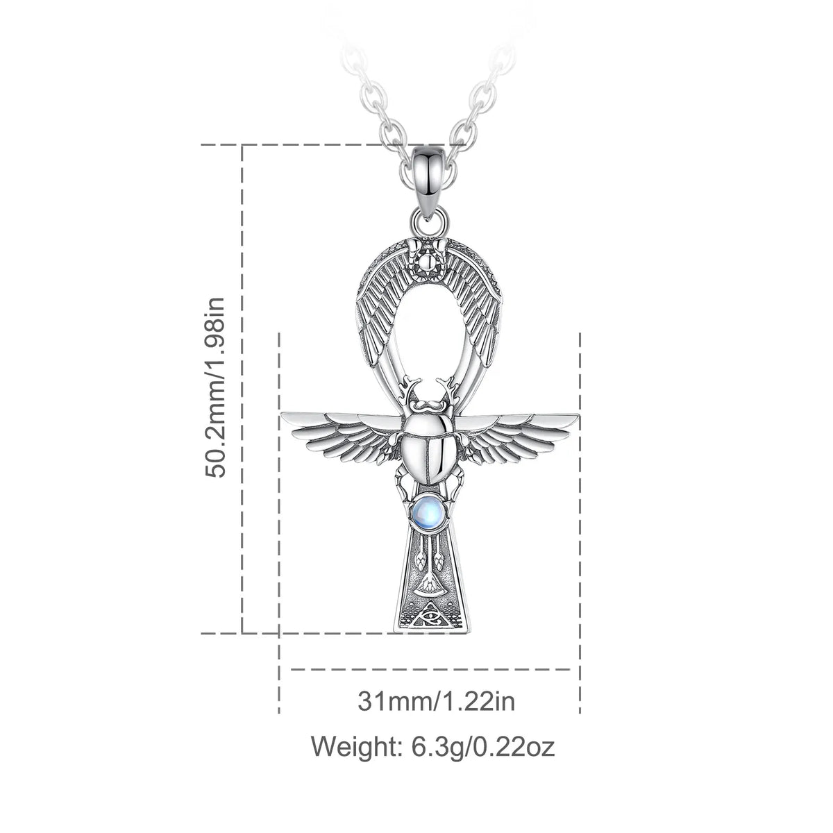 Mondstein Kette aus 925er Silber mit Ankh- und Skarabäusanhänger