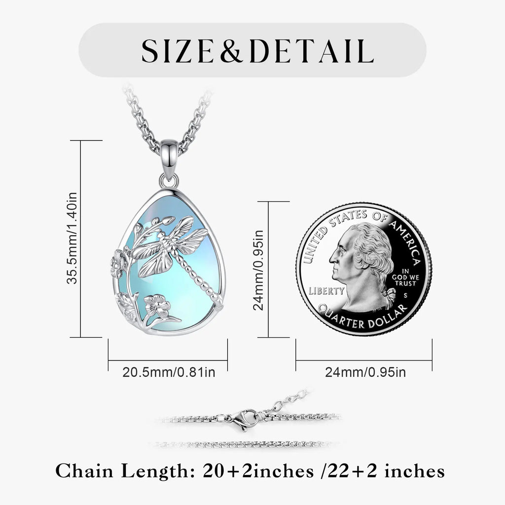 Mondstein Kette aus 925er Silber mit Libellen- und Blumenmotiv