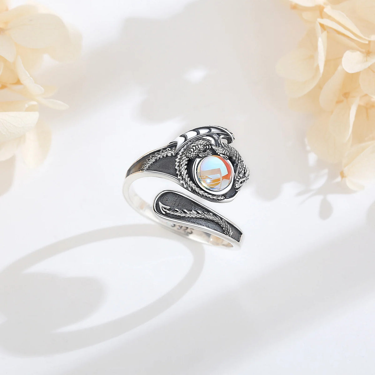 Echter Mondstein Ring aus 925er Silber mit Drachenmotiv