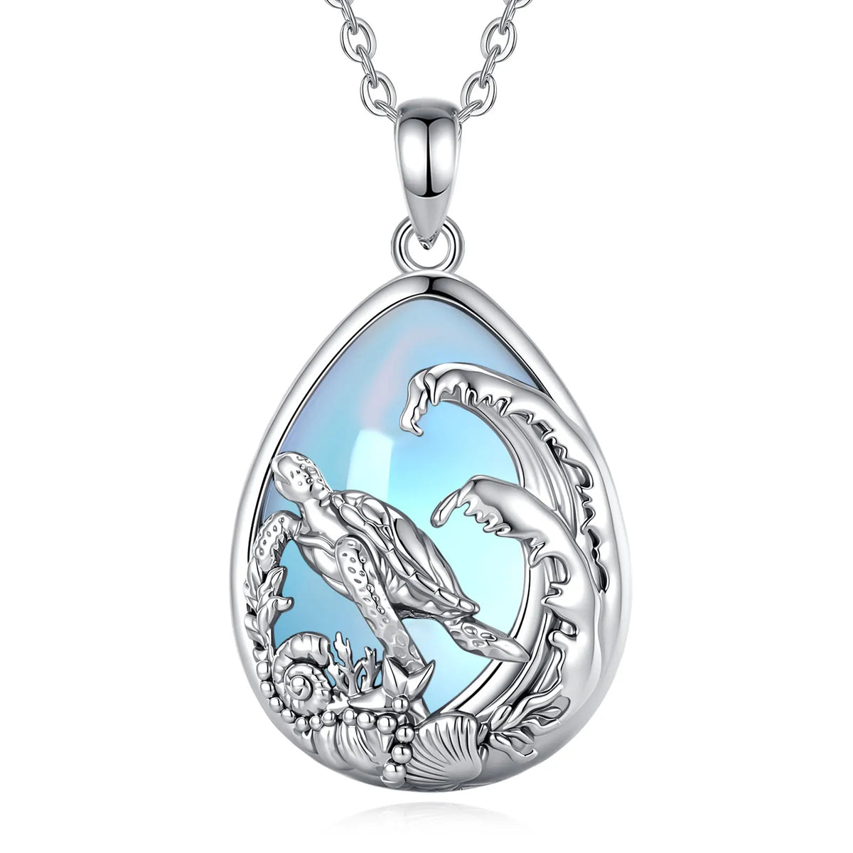 Mondstein Kette aus 925er Silber mit Meeresschildkröte und Wellen