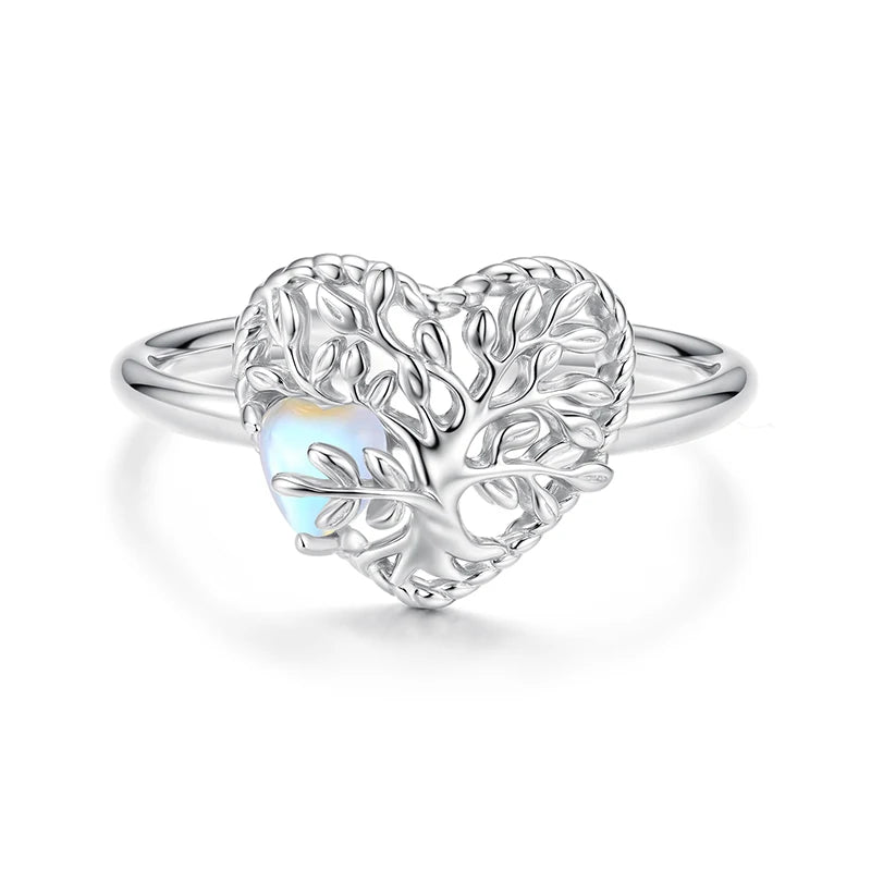 Offener Mondstein Ring aus 925er Silber mit Herz-Lebensbaum-Motiv