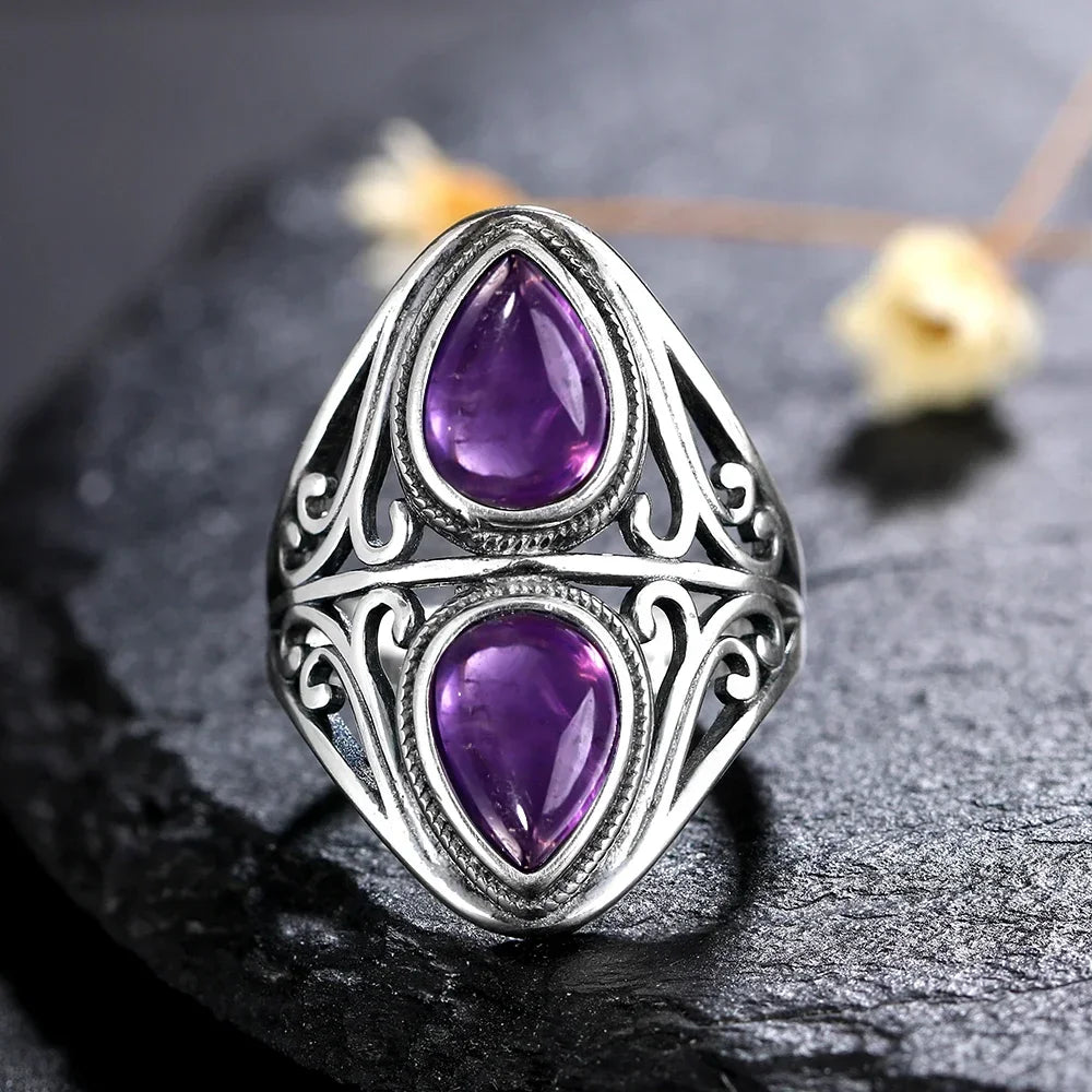 Amethyst Ring aus 925er Silber mit zwei Tropfensteinen
