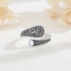 Mondstein Ring aus 925er Silber mit Baummotiv und Schriftzug