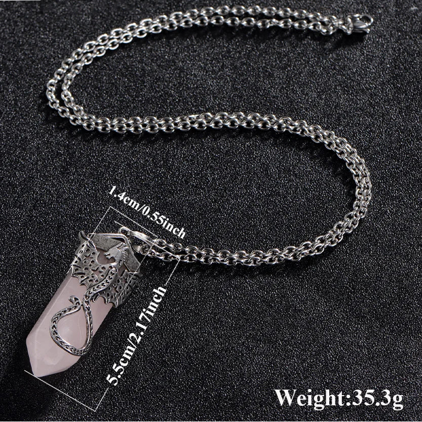 Rosenquarz Kette mit Amulett-Anhänger und schwarzem Zierstein