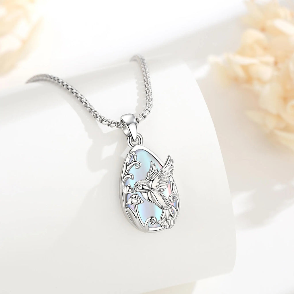Mondstein Kette aus 925er Silber mit Kolibri und Blüte