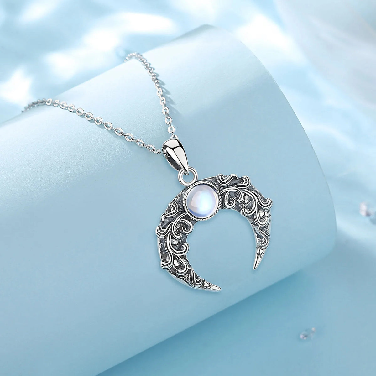Mondstein Kette aus 925er Silber mit verzierter Mondsichel