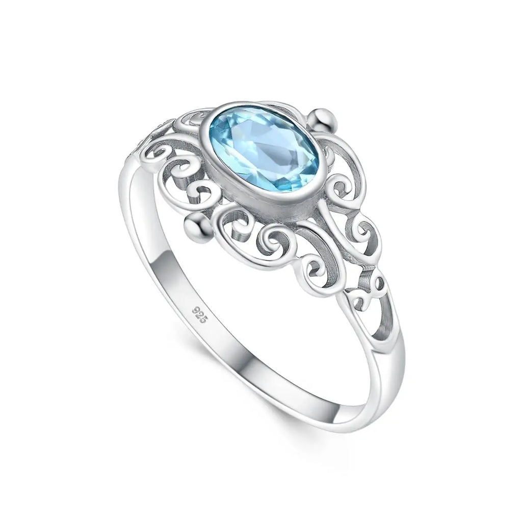 Jugendstil Aquamarin Ring aus 925er Silber mit ovalem Stein und Voluten