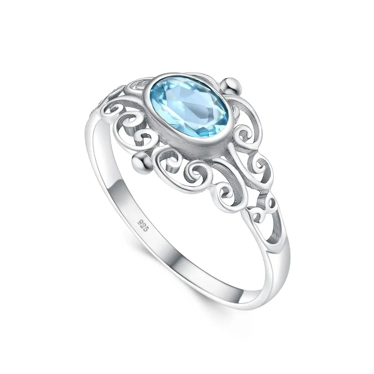 Jugendstil Aquamarin Ring aus 925er Silber mit ovalem Stein und Voluten