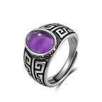 Breiter Amethyst Ring aus 925er Silber mit Mäander-Muster