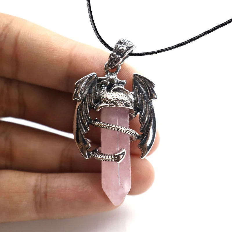 Rosenquarz Kette mit Drachen-Anhänger