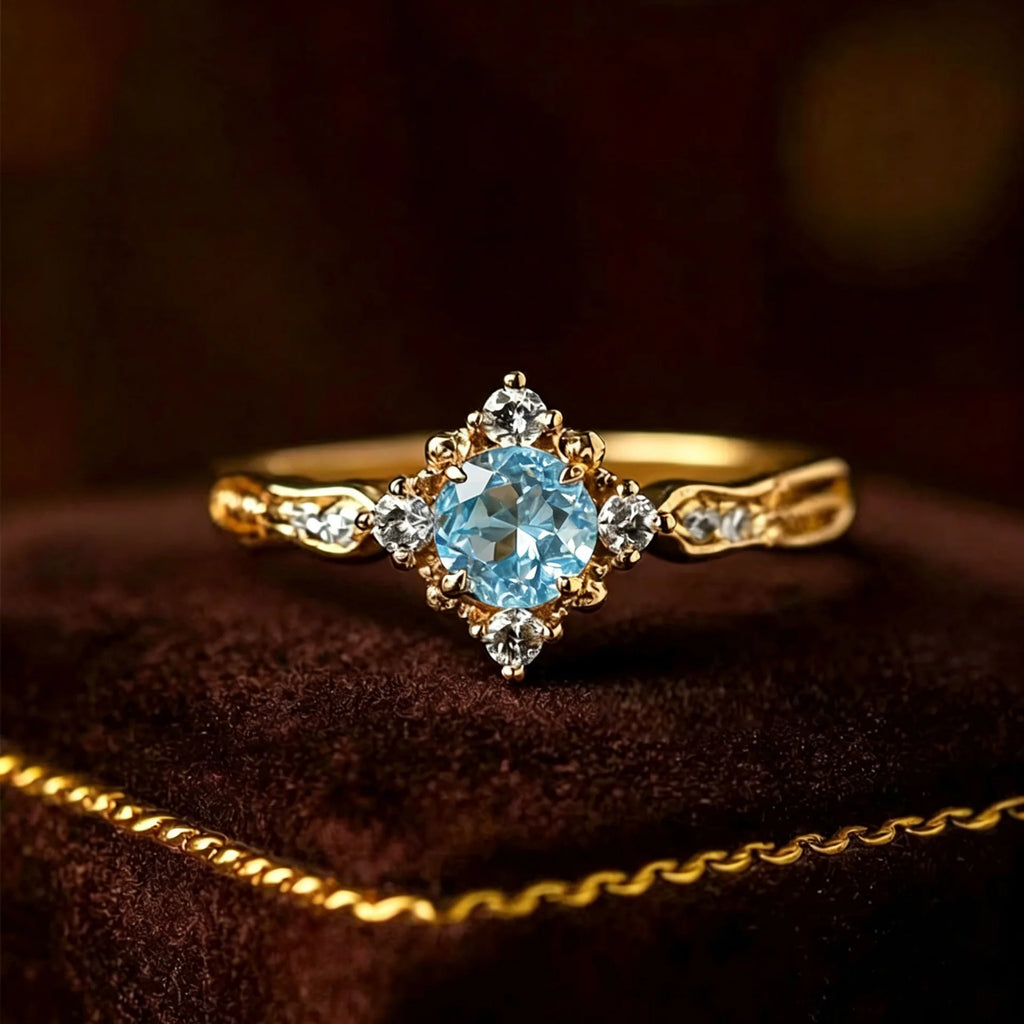 Goldfarbener Aquamarin-Look Ring mit rundem Stein und Seitensteinen