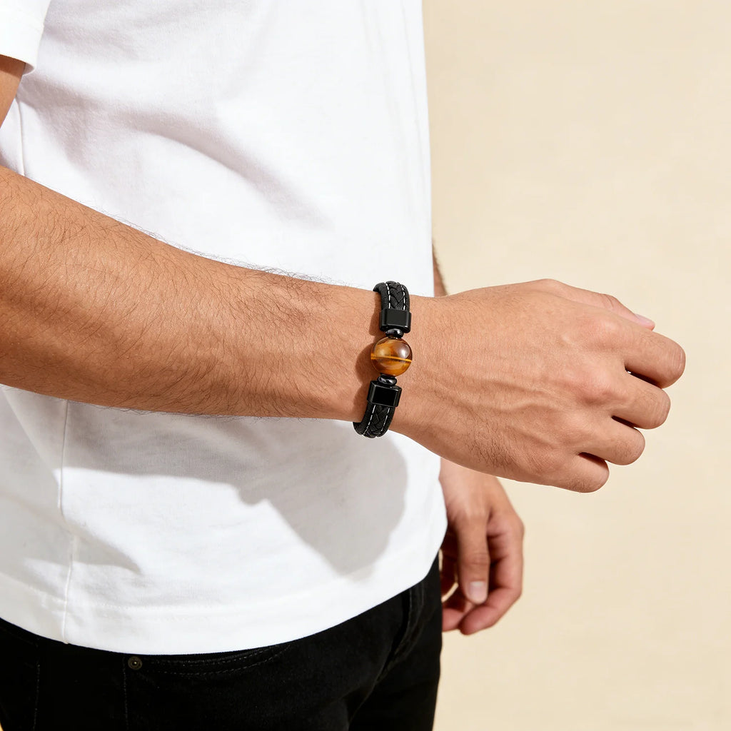 Tigerauge Lederarmband mit großer Kugel