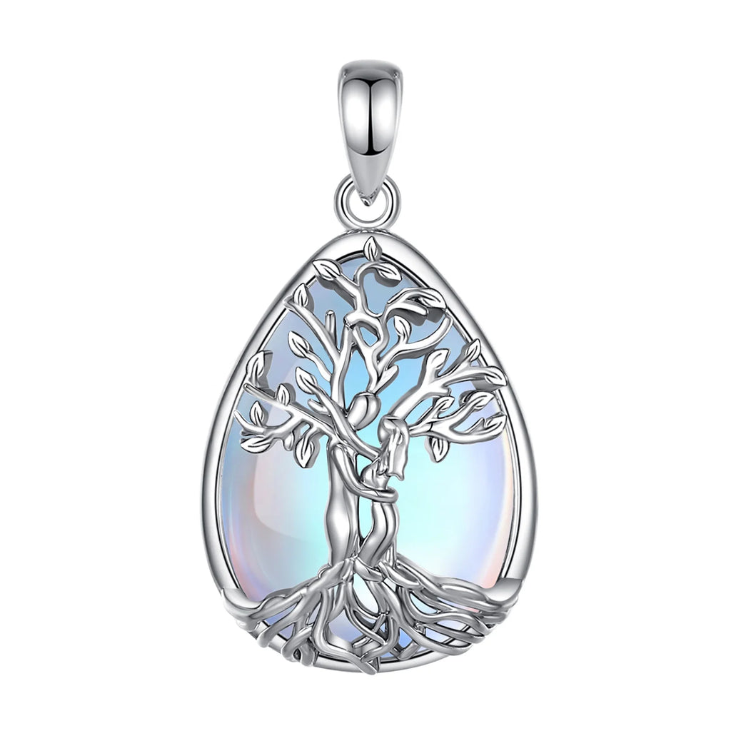 Mondstein Kette aus 925er Silber mit Lebensbaum und Paarmotiv