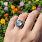 Mondstein Ring mit Sonne und Sternen