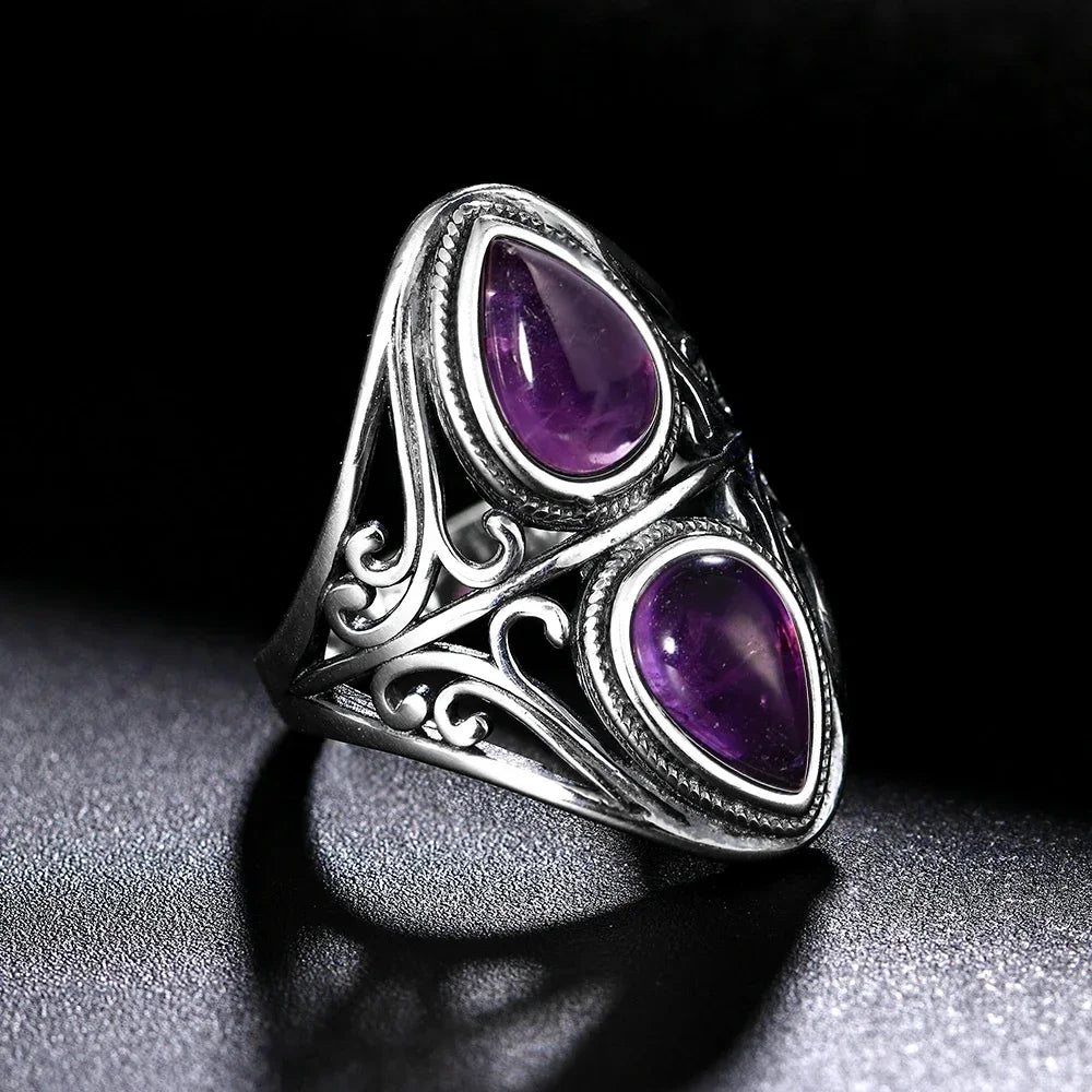 Amethyst Ring aus 925er Silber mit zwei Tropfensteinen